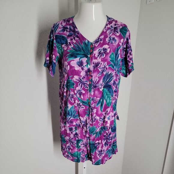 California Krush Vintage Top & Shorts 2 Piece Purple Floral Outfit Set ~ Sz PM - Picture 2 of 6